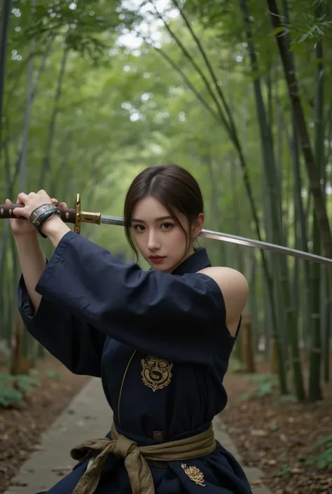 Raw photo of a female samurai,  in a fighting position,  with a drawn sword in her hands,  ready for battle , In full samurai attire ( kimono) (Wind in a bamboo forest), (The wind lifted the leaves), a cut on her shoulder (  tall skin details : 1.2),  8k u...