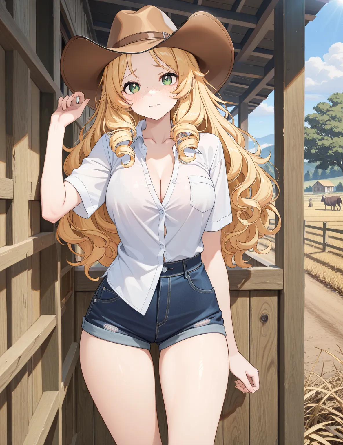 (masterpiece, best quality, ultra detailed, 8k, 4k, hi res, Absurdos:1.3), (detailed texture lighting, detailed surface lighting), extra details, day, day time, sun: BREAK 1girl, farm, ranch, farm, cute farm, anthropo, adorable, looking at viewer, soft fur...