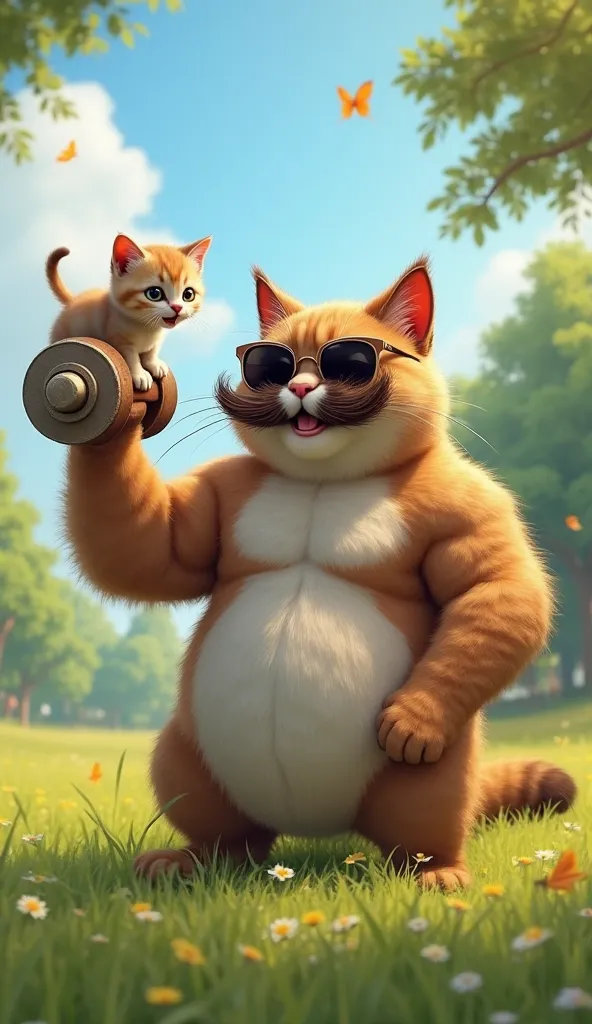 "A massive, muscular cat with a thick mustache and sunglasses is playfully lifting his tiny, fluffy kitten with one hand, like a dumbbell. They are in a beautiful park with green grass, a bright blue sky, and a few butterflies flying around. The kitten lau...