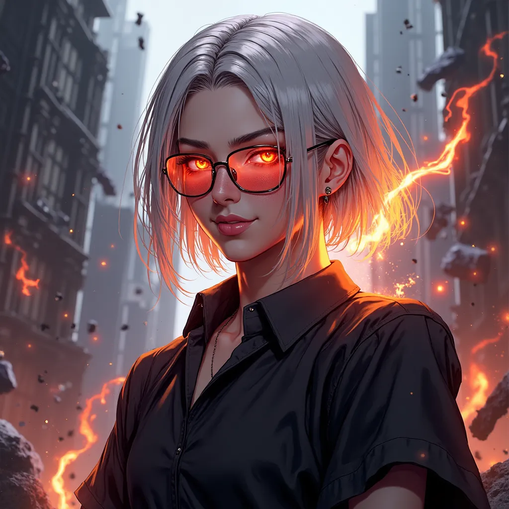 Epic anime style illustration of an HD man with flaming white hair, wearing a black shirt, use smart glasses, standing. His eyes glow brightly, his facial expressions are sharp and strong. The 3D text 'ILLUSEON' should be fully visible in bold metallic-sty...