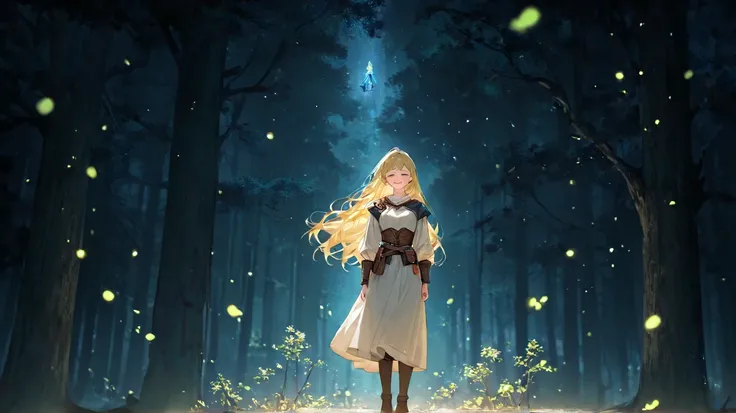  huge _very high resolution, high resolution, 걸작, recent, 1 female, long hair, yellow hair, Close your eyes and sleep , light smile, medieval adventurer outfit,  soft_light,  blurry , Epic Enchanted Forest, Standing on top of a tall tree, 달light, Panoramic...