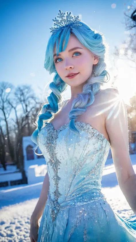 Ice Land、Icy Sun、Ice Light 、The fountain is frozen、Ice birds、 Snowflakes、 auroras、Dutch Angle、glitter effect, lens flare, blurred background, gradation、 Fantastic、1 girl,  Snow Queen、palace、Blue Eyes, shortcut, Blue Hair/light blue hair tied at the top, Ac...