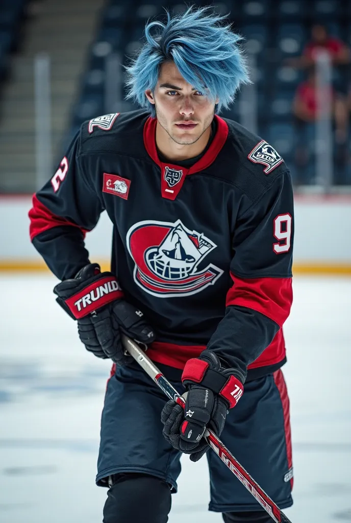 A handsome 21-year-old man with blue hair,  gray eyes, wears his ice hockey uniform. You're on the track , has an intense and flirty look; his hair falls rebelliously,  His skin is white. He holds a hockey stick with a flirty look. His uniform is black wit...