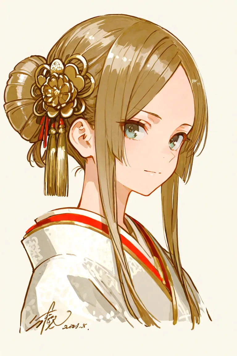 A highly detailed portrait of an Edo-period courtesan with a traditional Nage-Shimada hairstyle. 
Her forehead is fully exposed with no bangs at all, showing a classic, historical style. 
Her hair is arranged in a high, round-shaped bun, slightly leaning b...