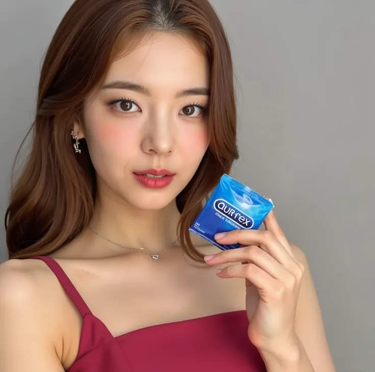 Not ITZY - Lia, holding a condom in his hand, smiling provocatively,4k, 8k, High Resolution, Cinematic, Vibrant, Intricate, Hyper-Realistic, High Detail, 1 Girl, Looking at Viewer, durex condom brand