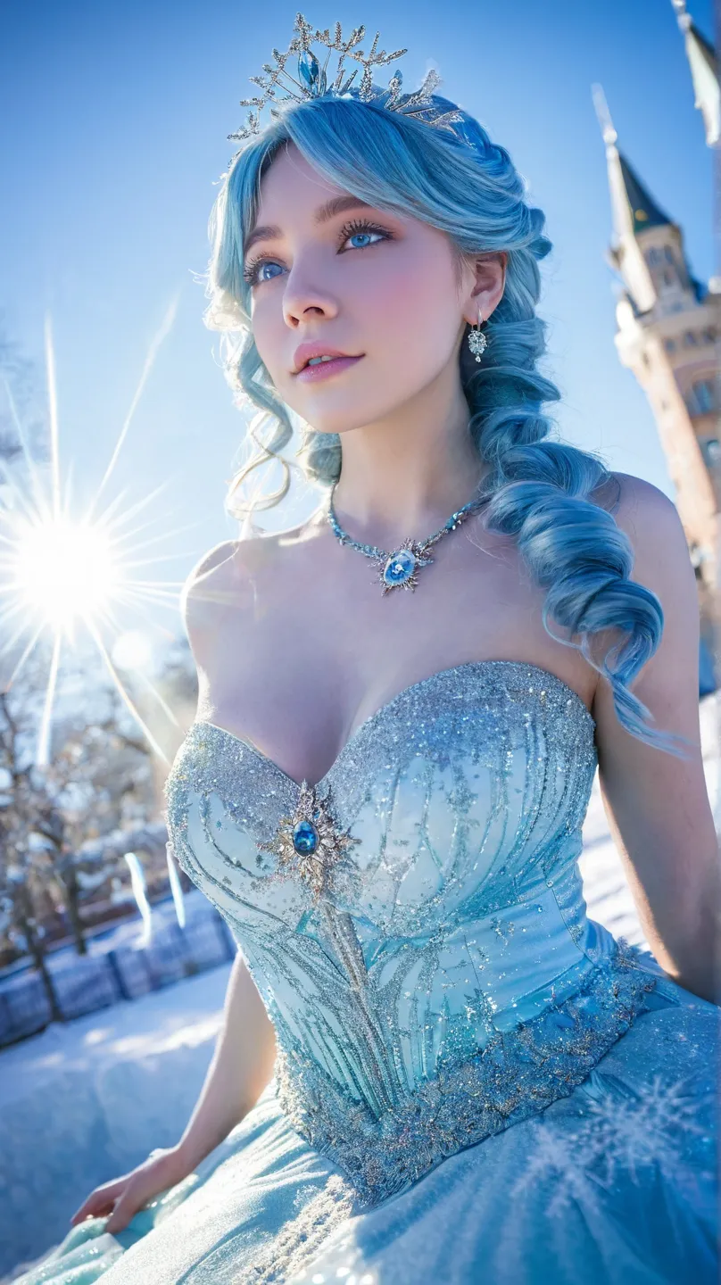 Ice Land、Icy Sun、Ice Light 、The fountain is frozen、Ice birds、 Snowflakes、 auroras、Dutch Angle、glitter effect, lens flare, blurred background, gradation、 Fantastic、1 girl,  Snow Queen、palace、Blue Eyes, shortcut, Blue Hair/light blue hair tied at the top, Ac...