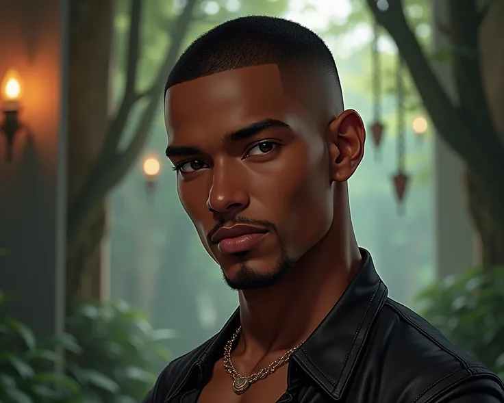 Man, BookTok, Seductive Smile, Short Buzz Cut, African American and European mixed race, Brown Skin, Athletic, High Quality, Fantasy, Short Facial Hair