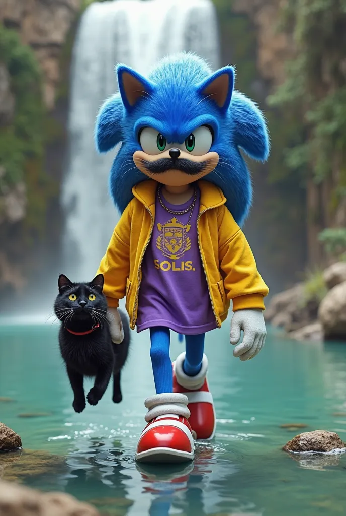 Sonic in short yellow sweat shorts and short purple cropped t-shirt walking inside a pond with waterfall. Sonic has a French-style mustache and mullet hair, holding an electric guitar and a black cat, without collar 