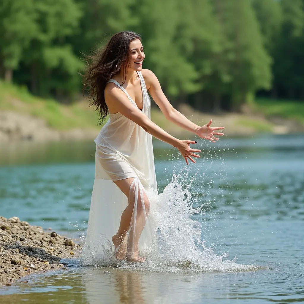 Poster 6: Riverbank
Location: At the edge of a tranquil river, the clear and inviting water.
The costume of Kajal: a light, white summer dress that becomes semi-transparent when wet.
Photo concept : Kajal entering the river, giggling as the water splashes ...