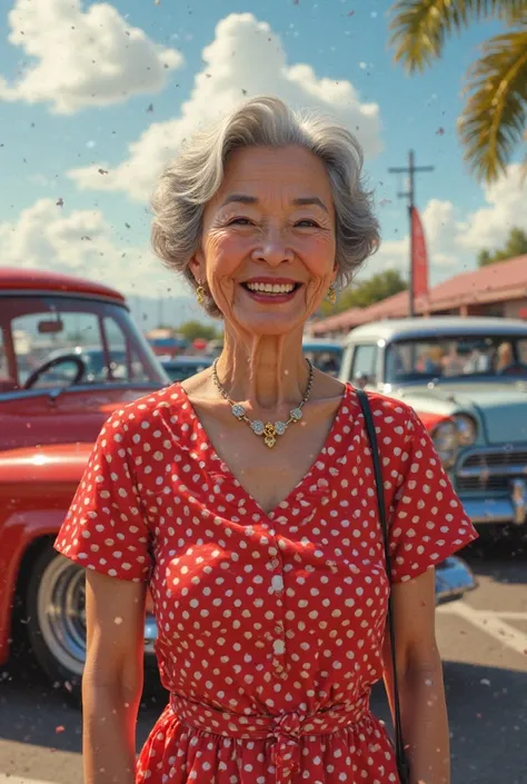 74 year old Korean woman smiling  wearing  a red and white poker dote short dress at a hotrod show