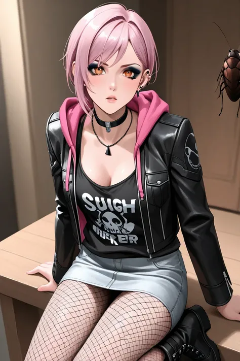 _Moira Burton（pale pink hair and orange eyes）Aa,brown cockroach in a black spike choker necklace､    ear piercing､ black eyeshadow､   black eyeliner   ､white leather jacket over pink hoodie、black boots、 fishnet tights、grey leather miniskirt、black tank top ...