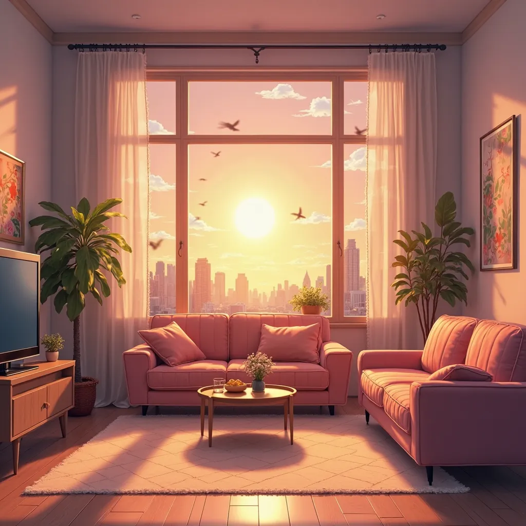 There are sofas and various items including furniture that decorate this living room. There is orange evening sunlight mixed with sweet pink shining through the window and reflecting into this room anime