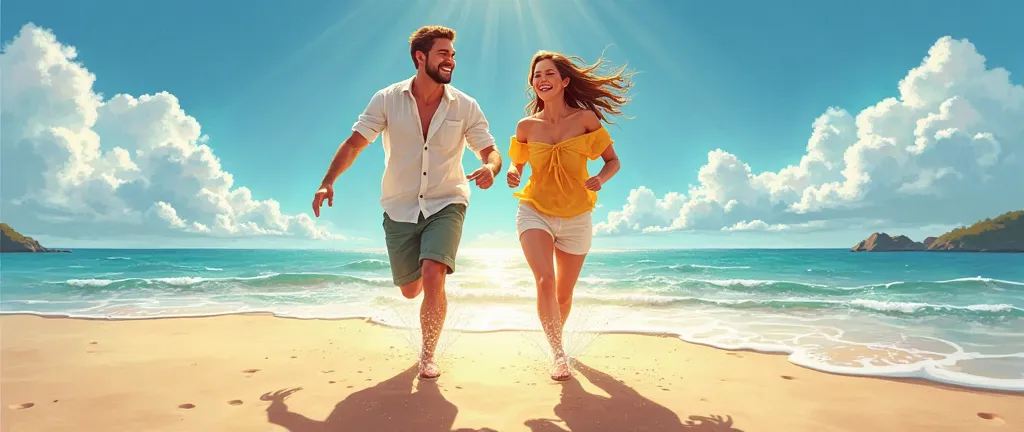 A COUPLE RUNNING ON THE BEACH, SUNNY DAY AND THEY'RE HAPPY