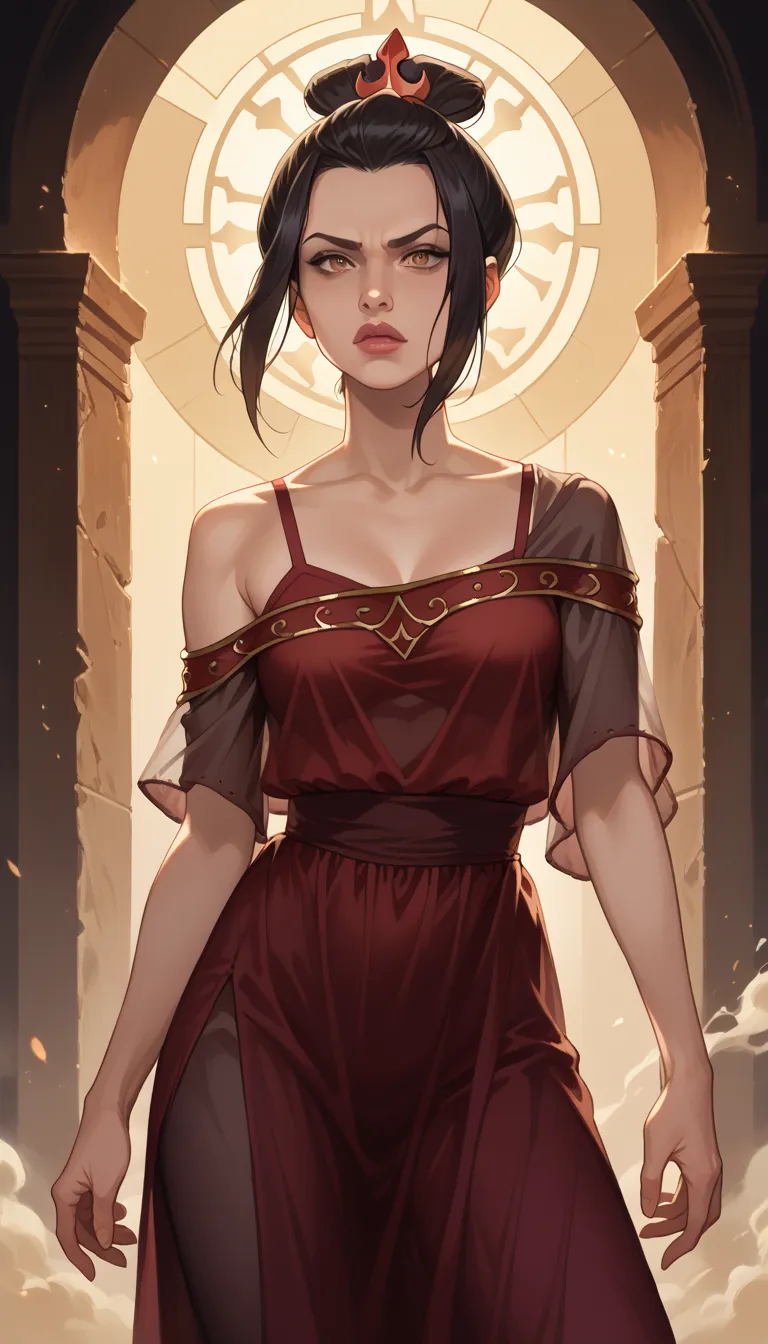 A full body display, Princess Azula off the shoulder strap, low cut tank-top, long see-through dress, intricate fantasy character portrait, detailed facial features, intense gaze, dramatic pose, dark fantasy, dark magic, moody lighting, cinematic compositi...