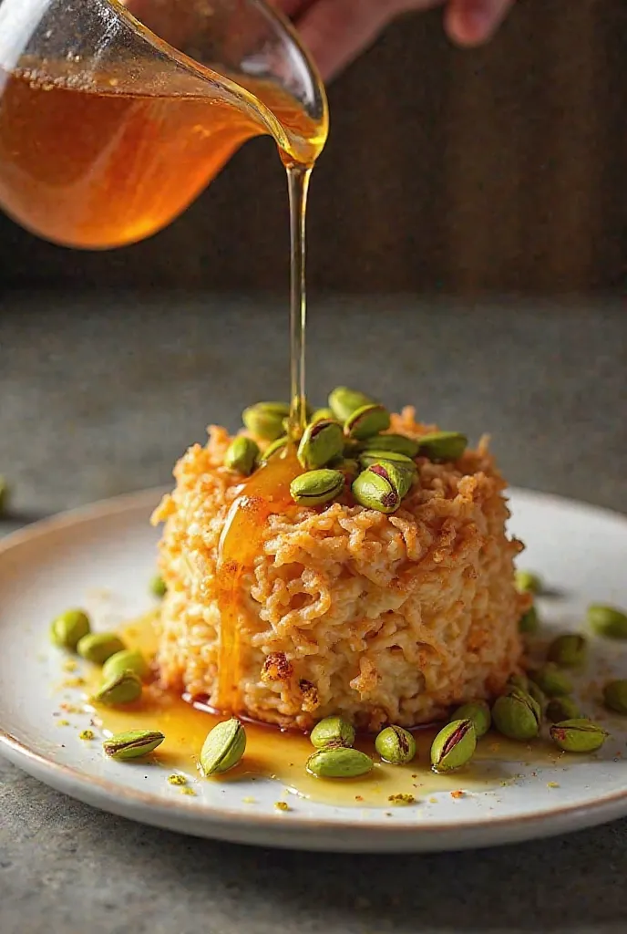 A plate of kunafa with pistachio pieces and a jug of honey dripping down onto the kunafa