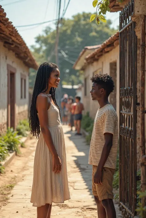 A hyper-realistic digital photo of a beautiful 30-year-old white woman, white skin, long, ribbed black hair, and a welcoming smile , standing At the entrance of a well-kept house in a modest Brazilian neighborhood, But not poor . wear a beige and white sum...