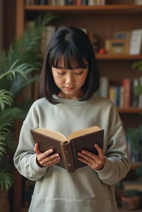 short height,  Black-haired Indian, fair skin, in loose clothing, wearing a sweatshirt,healthy figure, quarter,  reading a book, frontal shot,  photo control,  full length 