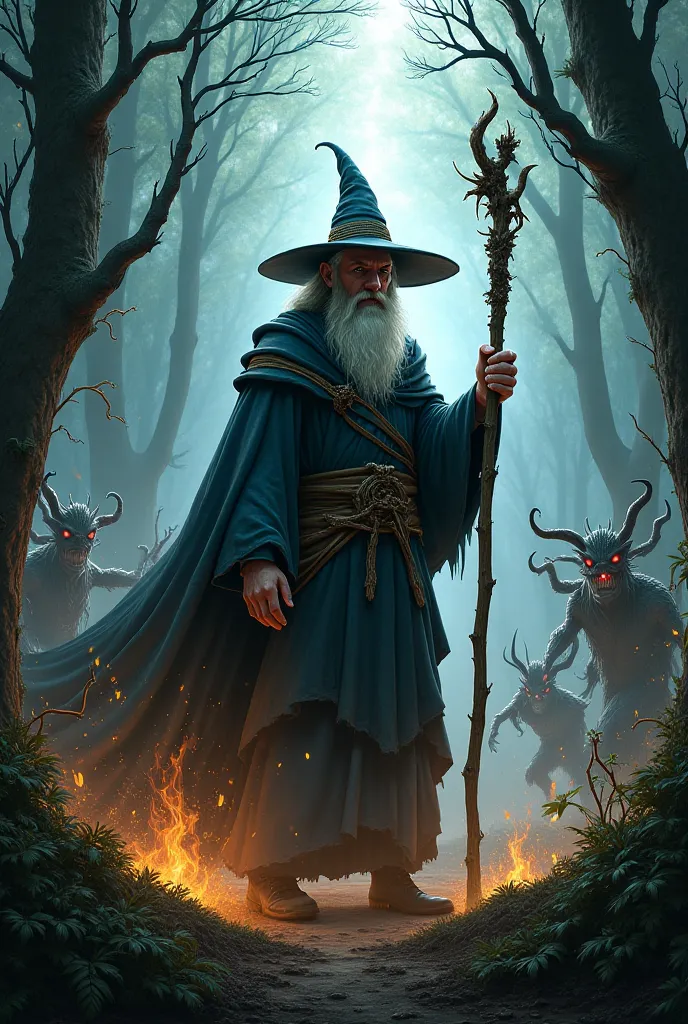 The image of a wizard in a forest surrounded by demons walking with a staff