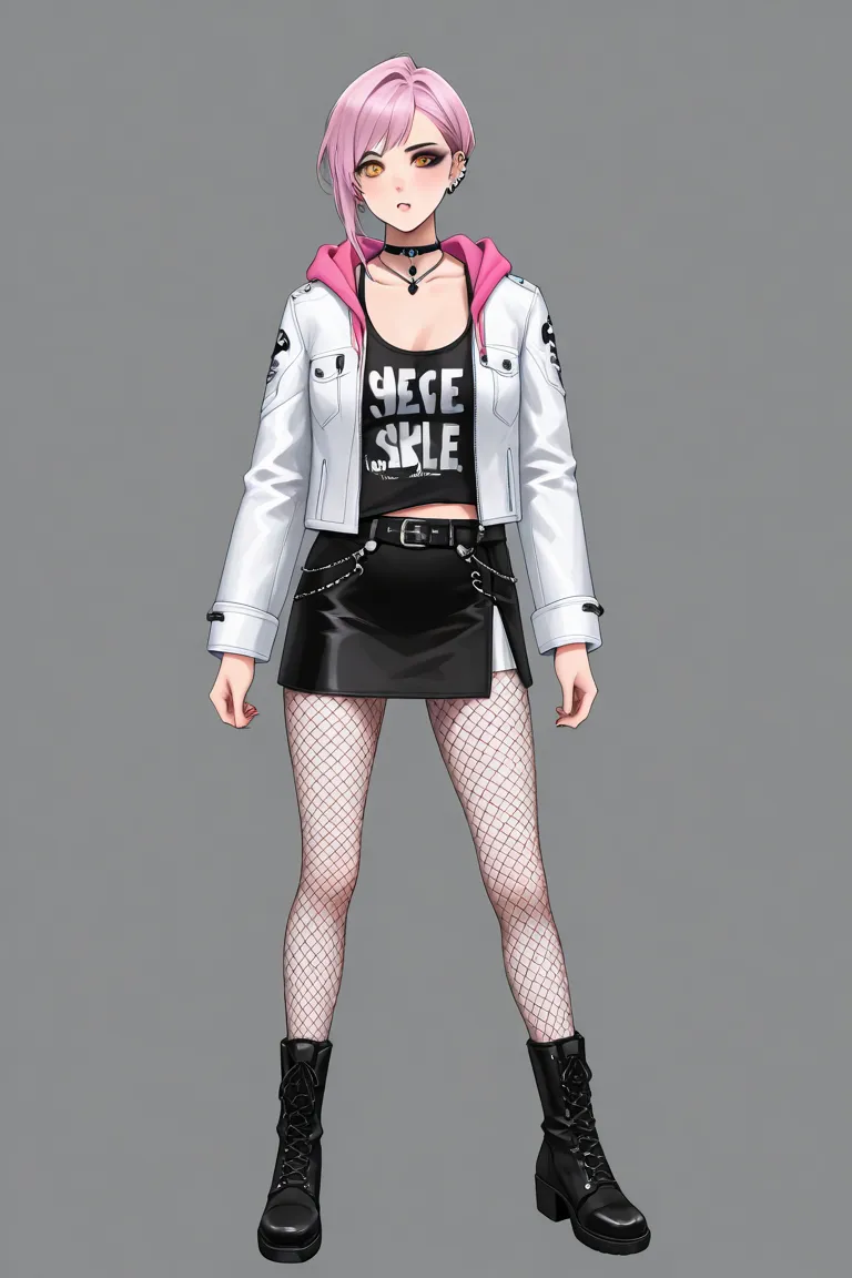 _Moira Burton（pale pink hair and orange eyes）Aa,brown cockroach in a black spike choker necklace､    ear piercing､ black eyeshadow､   black eyeliner   ､white leather jacket over pink hoodie、black boots、 fishnet tights、grey leather miniskirt、black tank top ...