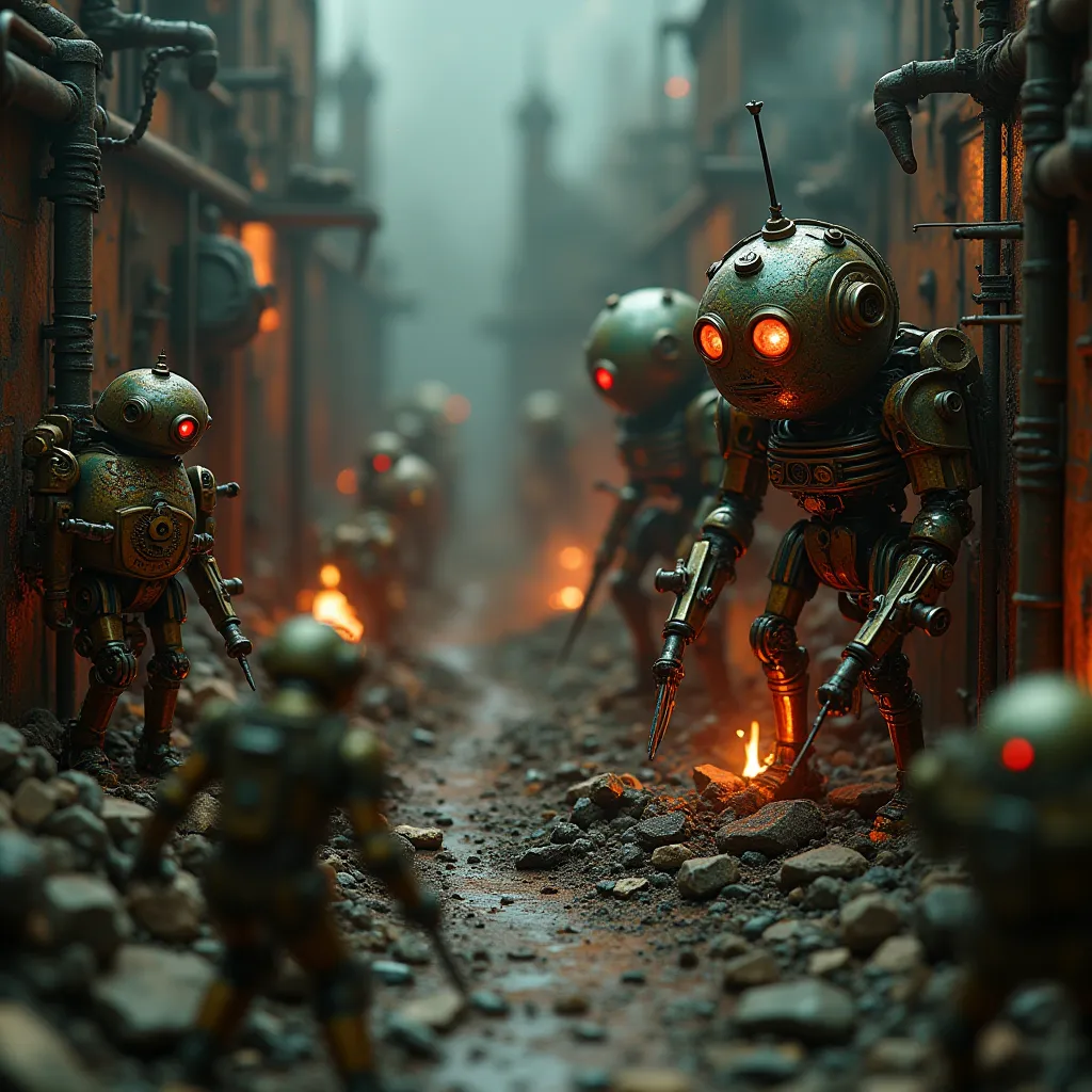 "Create a microscopic, grimdark battlefield diorama, a miniature clockwork hellscape wrought in shades of rust, bronze, and shadow. Imagine a Victorian-era automatons' war, contained within a grimy, industrial display case.

The style should be inspired by...