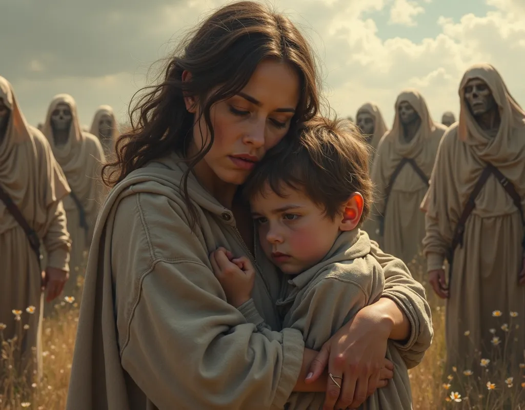 A woman with her young son, embracing him while watching the resurrected with a mixture of fear and hope."