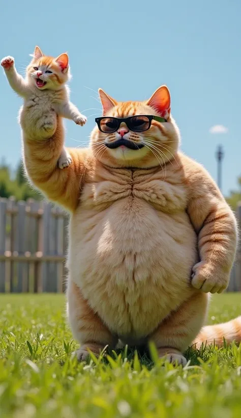 "A massive, muscular cat with a thick mustache and sunglasses is lifting his tiny, fluffy kitten with one arm like a dumbbell while flexing his other arm. They are in a peaceful green meadow with a wooden fence and a bright blue sky. The kitten is laughing...