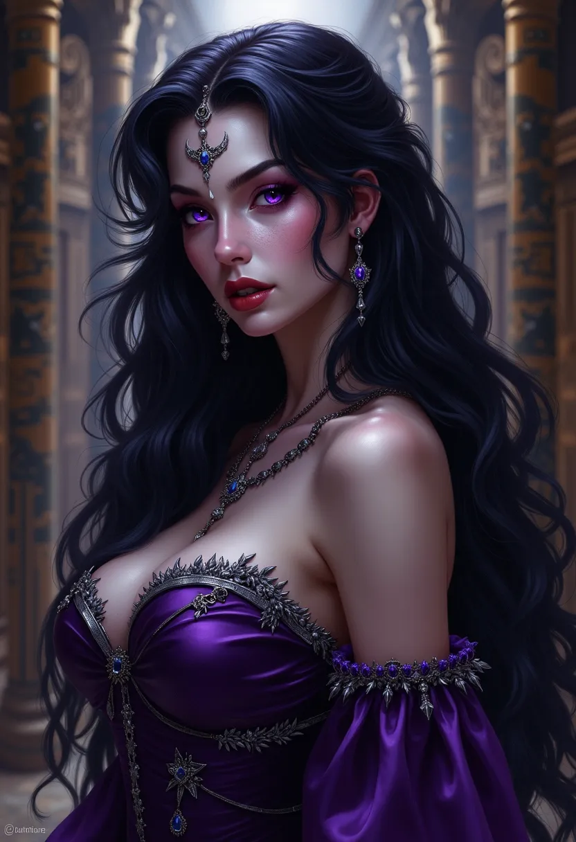 "Create a striking portrait of a beautiful yet dangerous vampire progenitor from ancient Sumer. She exudes an aura of seduction and menace, perfectly capturing her sadistic nature. Her hair is a deep, dark violet, almost black, cascading in long, flowing w...