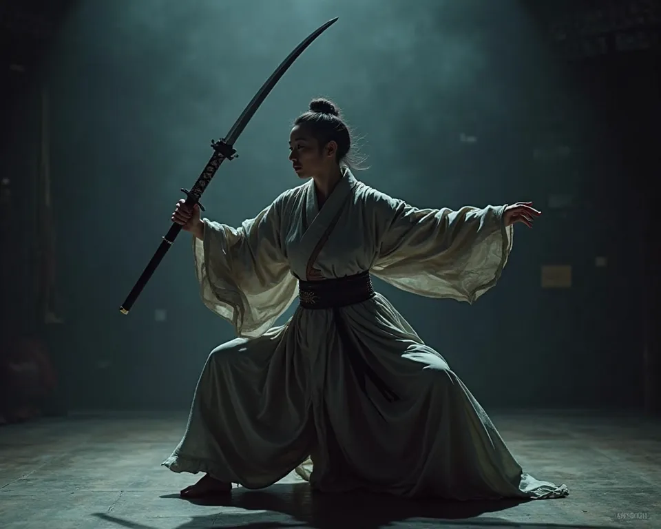 Draw a middle-aged Korean woman dancing with a sword in the dark