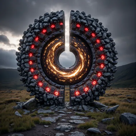 A vertical ring made of stones and gems set in a valley of stone and grass. Irish hillside feeling. Inside the ring is a swirling vortex resembling a dragon's eye. The vortex swirls with energy in reds and golds with a slit like a vertical pupil in the cen...