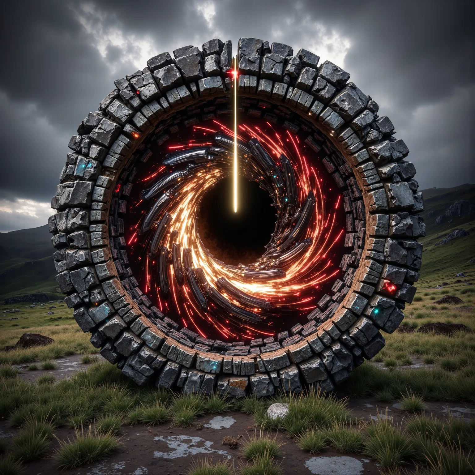 A vertical ring made of stones and gems set in a valley of stone and grass. Irish hillside feeling. Inside the ring is a swirling vortex resembling a dragon's eye. The vortex swirls with energy in reds and golds with a slit like a vertical pupil in the cen...