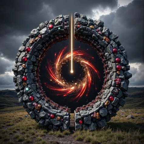 A vertical ring made of stones and gems set in a valley of stone and grass. Irish hillside feeling. Inside the ring is a swirling vortex resembling a dragon's eye. The vortex swirls with energy in reds and golds with a slit like a vertical pupil in the cen...