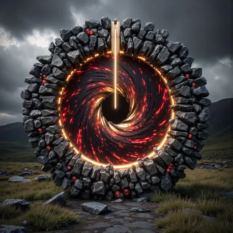 A vertical ring made of stones and gems set in a valley of stone and grass. Irish hillside feeling. Inside the ring is a swirling vortex resembling a dragon's eye. The vortex swirls with energy in reds and golds with a slit like a vertical pupil in the cen...