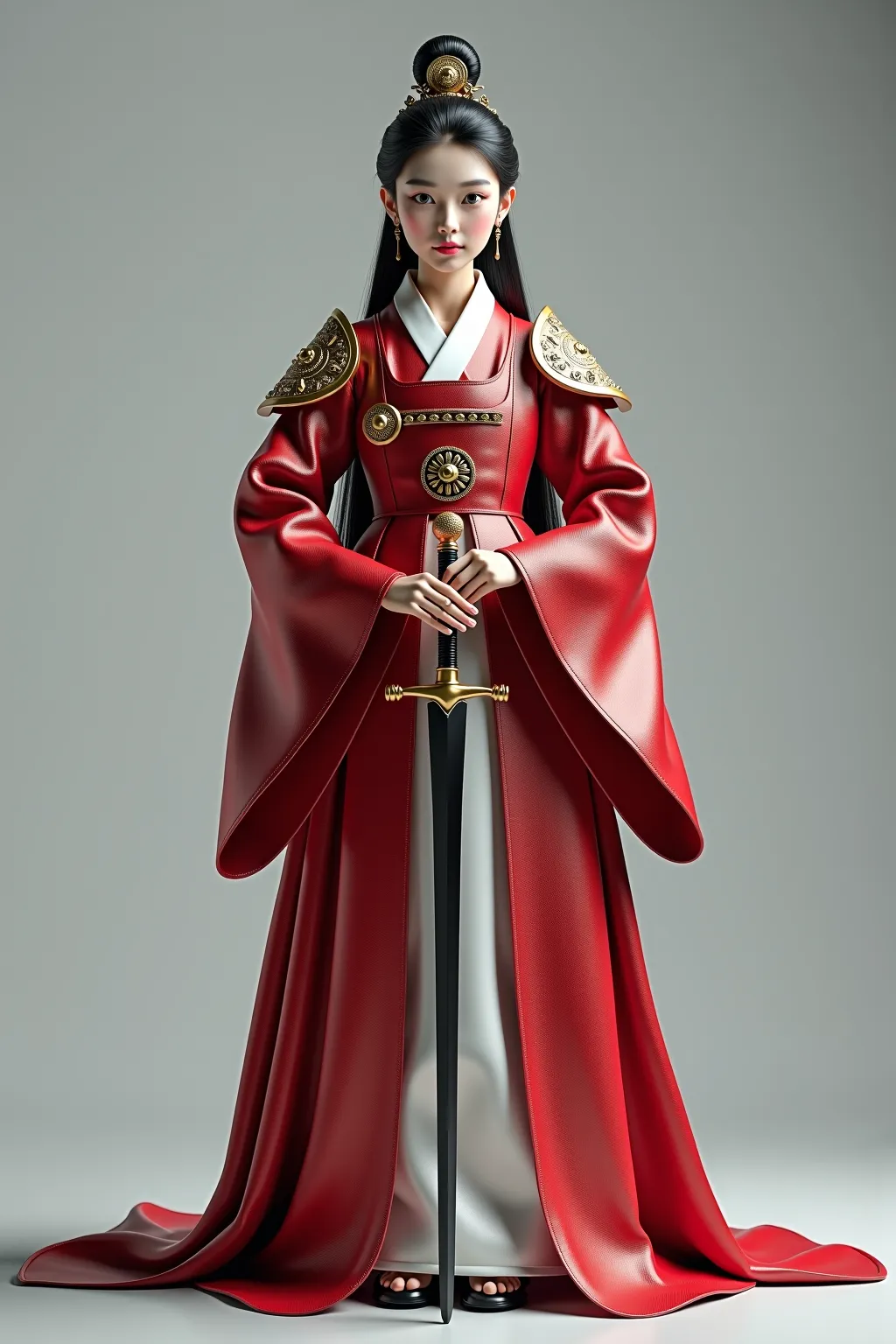 (8k,  RAW photo, best quality, masterpiece:1.2), (realistic, photo-realistic:1.37), 1 girl,  knight ,  professional lighting,  photon mapping,   radiosity, Korean Doll, long traditional costume,   grey background