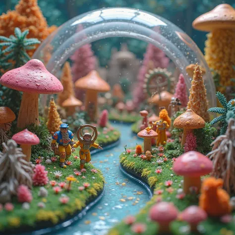 "Create a microscopic, surreal battlefield diorama, a whimsical clash of epochs painted in a vibrant, dreamlike style. Imagine a tiny, fantastical world housed within a glass dome, a surreal museum exhibit come to life.

Instead of realism, embrace stylize...