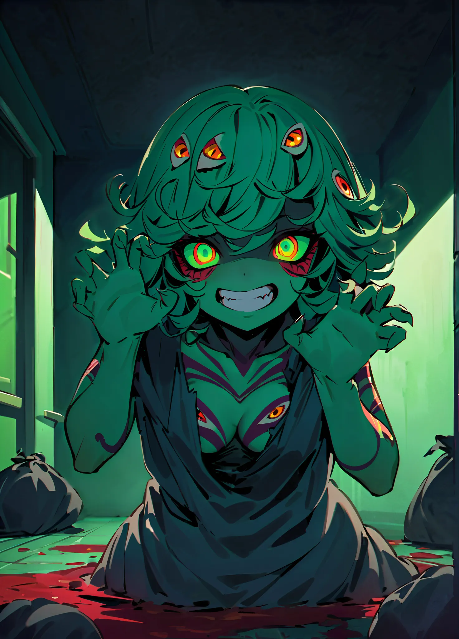 masterpiece, best quality, 1girl, solo, zzTatsumaki, green hair, scaryonm, scary, ominous, horrifying, creepy, yandere, (monster girl:1.25), glowing eyes, (extra eyes:1.3), colored sclera, nude, monsterification, body markings, tentacles, horror \(theme\),...