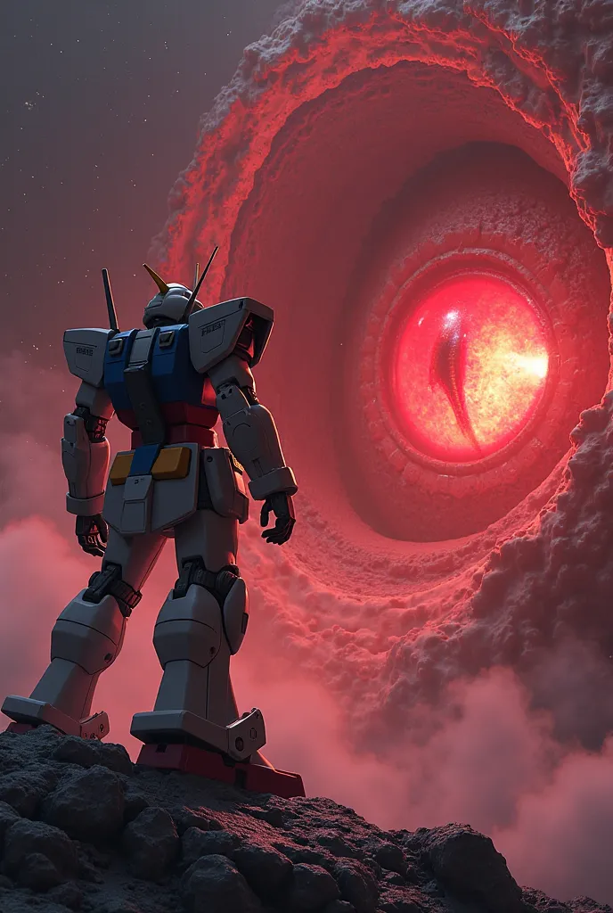 The back view of Gundam RX-78 standing in a different space, a huge red eye of a dragon peeking out from a rift in the space beyond, glowing red like a flame, a disastrous impression,