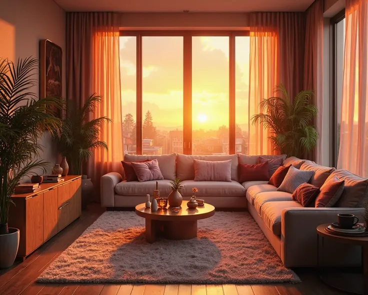 There are sofas and various items including furniture that decorate this living room. There is orange evening sunlight mixed with sweet pink shining through the window and reflecting into this room.