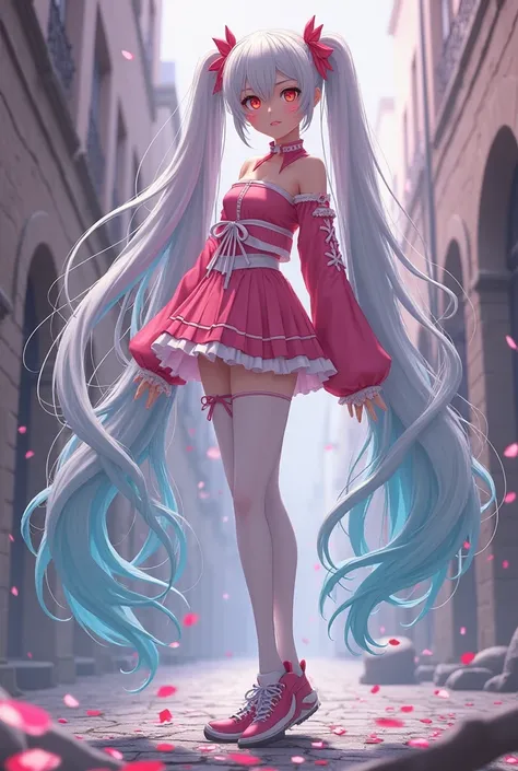 Hatsune Miku style, twin tails from above,Female anime character with white hair ,in the Middle Ages was a heinous scoundrel with red eyes、people々The power of thunder and fire who stole&#39;s power ,full body,miniskirt,White pantyhose,Sneakers,model style,...