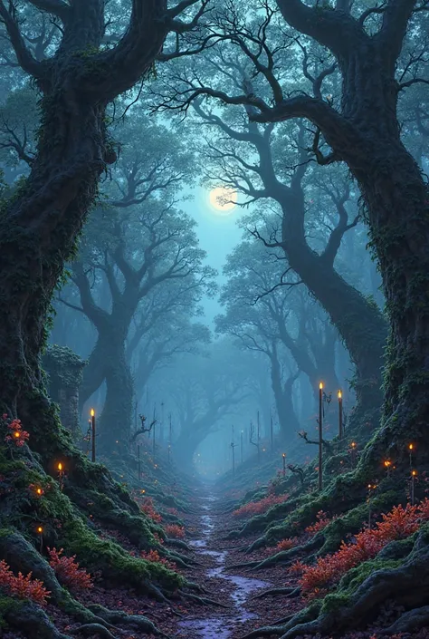 A vast and ancient forest known as the Yfrit Woods, where towering trees with twisted, dark trunks and glowing bioluminescent moss create an eerie yet mystical atmosphere. Thick fog drifts between the roots, and faint magical wisps float in the air. The de...