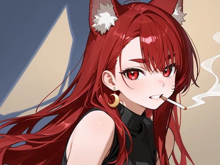 red hair　Asymmetrical Hair　My bangs go up to about my neck　red eyes　Wolf cut hairstyle with long back hair　I don't need ears
An amazing round natural perm　Hair pulled up on one side　right ear fully sticking out
I'm wearing large golden crescent earrings on...