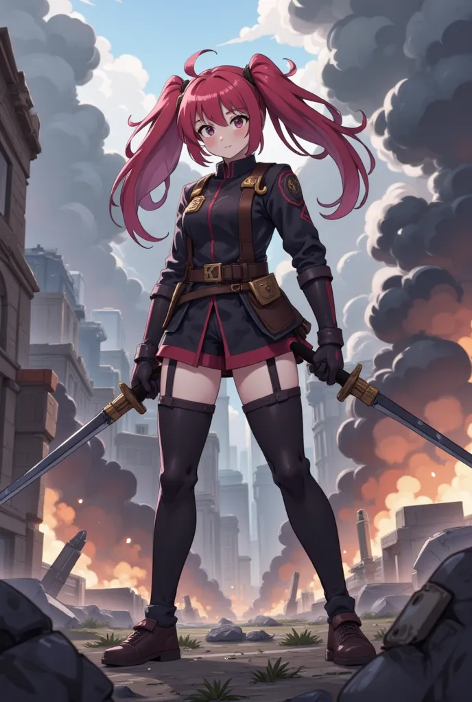 soldier, Young girl, ชุดsoldier,  war ,  full body , fight, I have twintails.,  Light Red Hair ,  Holding Samurai Swords 