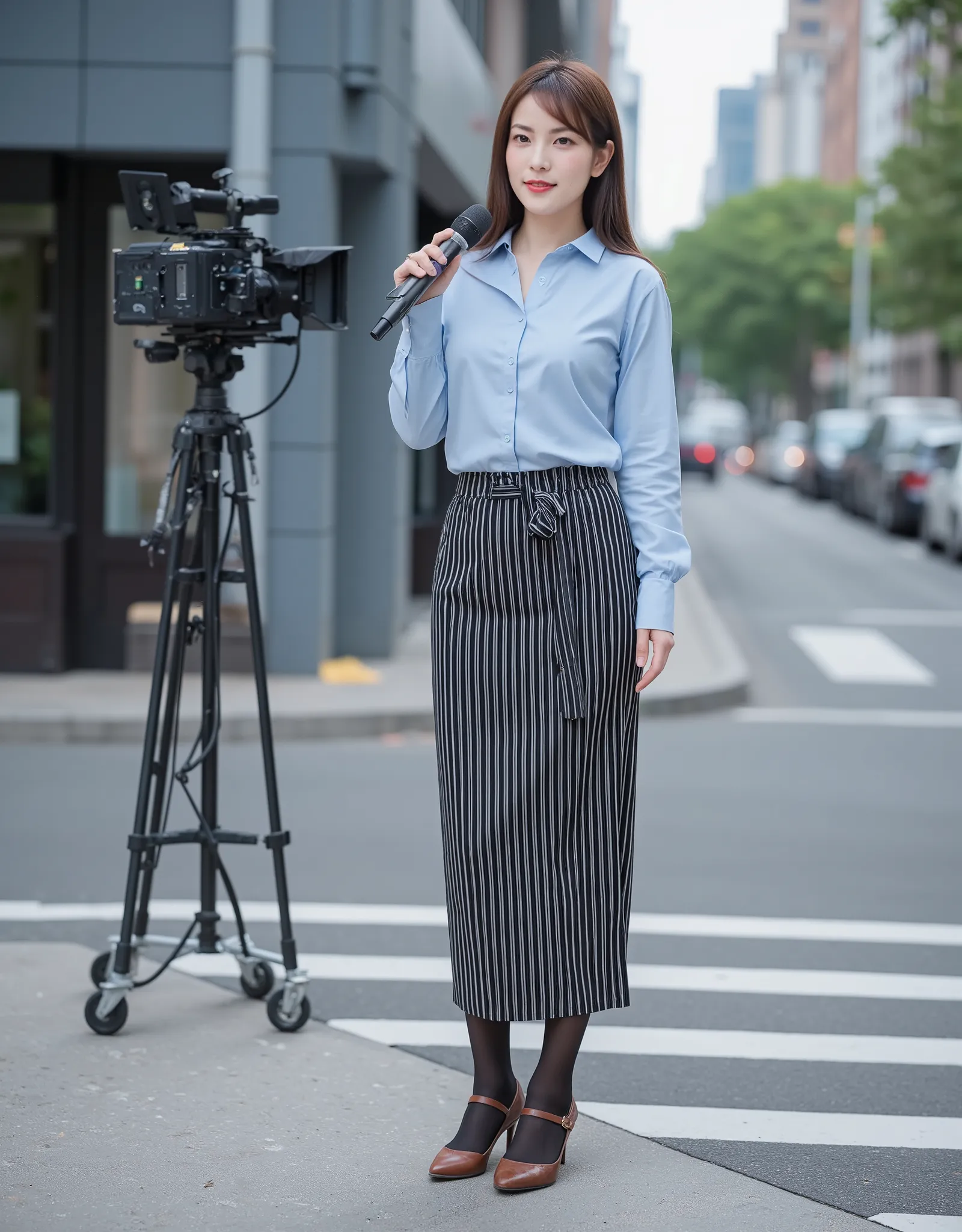 50 years old Japanese beautiful mature woman, healthy body, female newscaster, speaking with a microphone in front of the television camera, in the street, shiny skin, white skin, beautiful skin, perfect makeup, mocha brown straight hair, light blue blouse...