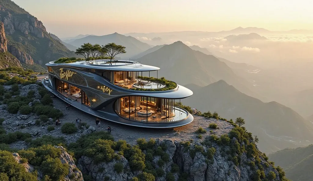 "A futuristic and ultra-luxurious mobile villa named 'Terra Villa' stationed high in the mountains, overlooking a breathtaking valley. This 50-story-tall futuristic mansion on wheels is designed for the ultra-wealthy, featuring a sleek, cutting-edge exteri...