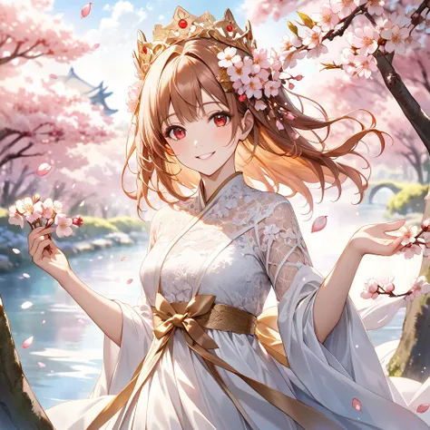 ultra realistic white lace dress、 red eyes、 Gold、Bronze Hair、long hair、flower hair ornament、watercolor画、watercolor、Blur color 、Cherry blossom trees、 turn around、 Smile、 Sakurabuki、 beckoning