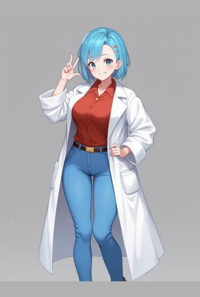 A confident and adventurous young woman with bright blue hair styled in a short, stylish cut. She wears a futuristic yet practical outfit, consisting of a fitted utility jumpsuit with various pockets, a leather belt with pouches, and high-tech goggles rest...