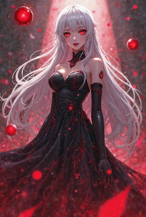 Based on the anime art style, Create a female character ,  a woman, high,  long white hair,  crimson red eyes , She wears a black dress with red details, Around it float red and black crystalline orbs , epic scene, dynamic scene,  Lighting and Shadows .