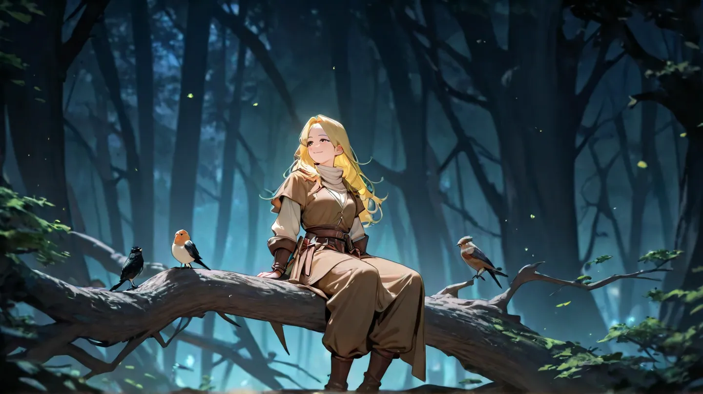  huge _very high resolution, high resolution, 걸작, recent, 1 female, long hair, yellow hair, light smile, medieval adventurer outfit,  soft_light,  blurry , Epic Enchanted Forest, Perched high in a tree, 달light, Panoramic View, , high resolution background,...