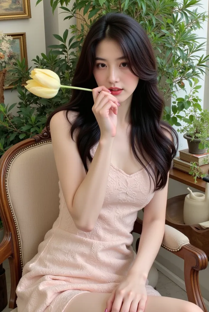 a woman sitting on a chair with elegant style. She wore a light pink lace dress and held a light yellow tulip in her hand. The background has many green trees and wall paintings, creating a gentle, sophisticated space. The exterior and interior have a clas...