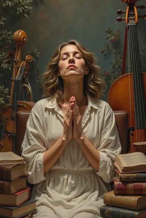 A person surrounded by books, musical instruments, or other symbols of their talents, with their hands clasped in prayer or looking upwards with a thankful expression.