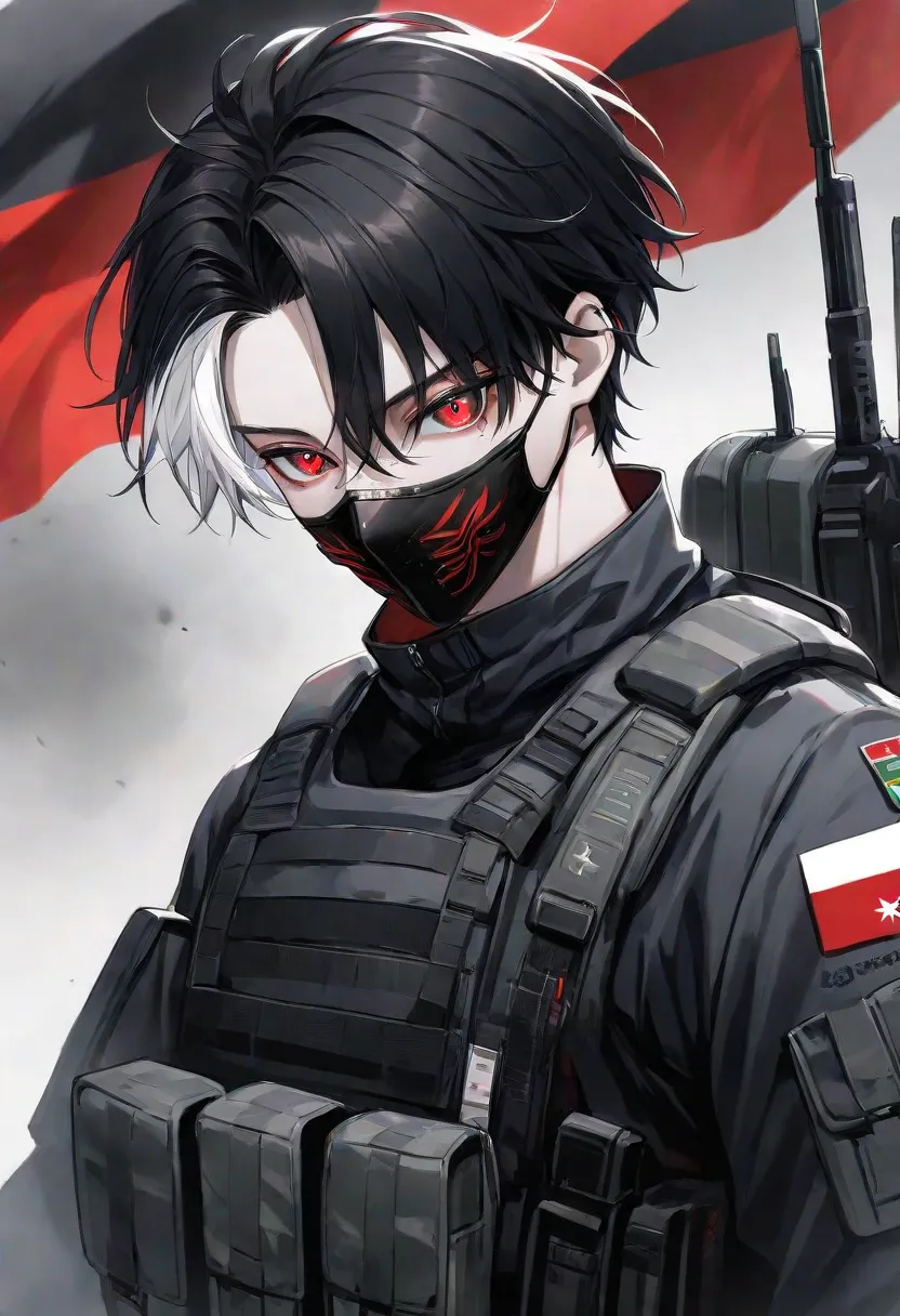  foreign country,    alone, 1 male, ,        black hair, White highlights on the tips of the hair,    red eyes , 、    cool vibe, ,  soldier、   black mask